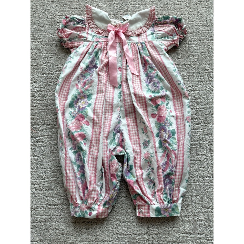 Vintage 60s Something Pretty Bubble Romper Size 24M Pink Floral Gingham Bow Lace